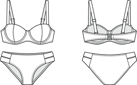 Women underwire bikini set technical flat fashion sketch template showing front and back view design