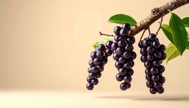 Ripe Dark Purple Acai Berries On Branch With Soft Cream Pastel Background
