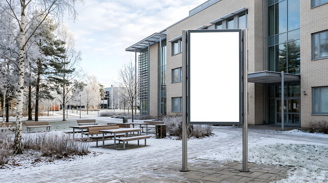 Blank outdoor billboard mockup in front of modern building in winter