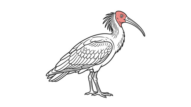 Crested ibis bird line art with red face detail.