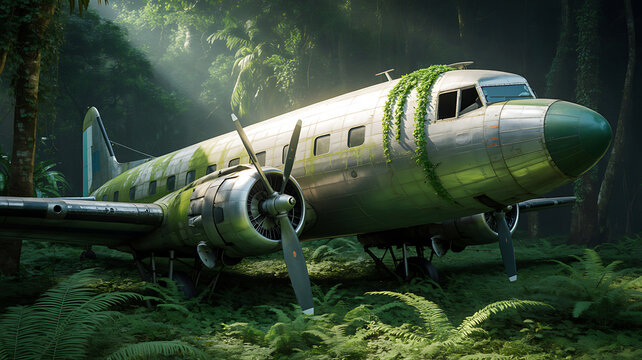 Abandoned vintage airplane overgrown with green vines in a lush jungle d