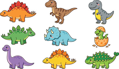 Cute Cartoon Dinosaur Characters Vector Illustration Set for Kids Isolated on White Background © Kuddus