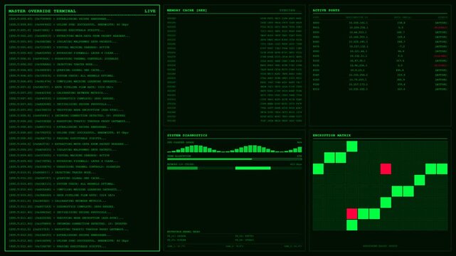Master Override Terminal Encryption Matrix Hacker Dashboard Animation Network Ports Loop Background.