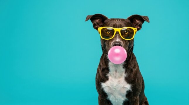 Funny brown dog wearing trendy yellow sunglasses and blowing a big pink bubblegum bubble looking directly at the camera on a solid blue background, showcasing a playful and cool pet animal concepts..