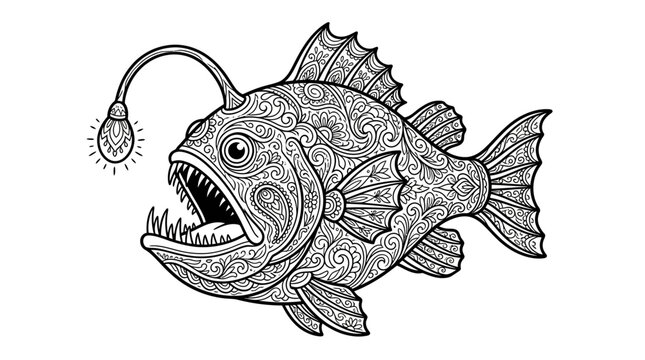 Detailed anglerfish deep sea creature line art drawing.