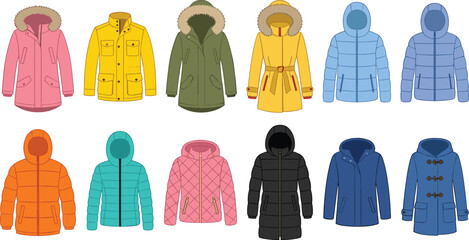 Colorful Winter Jackets Parkas and Puffer Outerwear Clothes Vector Set © Kuddus