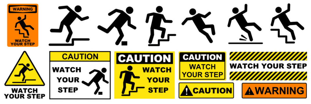 Watch your step sign vector template set with slip, trip, and fall warning icons