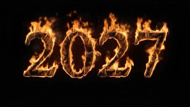 The year 2027 is written in bright orange flames and glowing fire