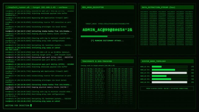 Exploit Runner Kali Linux Hacker Terminal Session Hijacked Animation Data Extraction Loop Background.