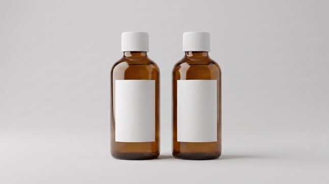 A pair of amber glass medicine bottles with blank labels for mockup  