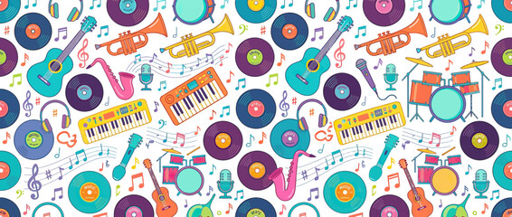 Colorful Music Instruments and Vinyl Records Pattern © Sandal