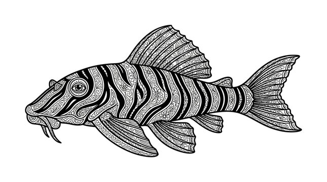Patterned exotic catfish coloring book line art.