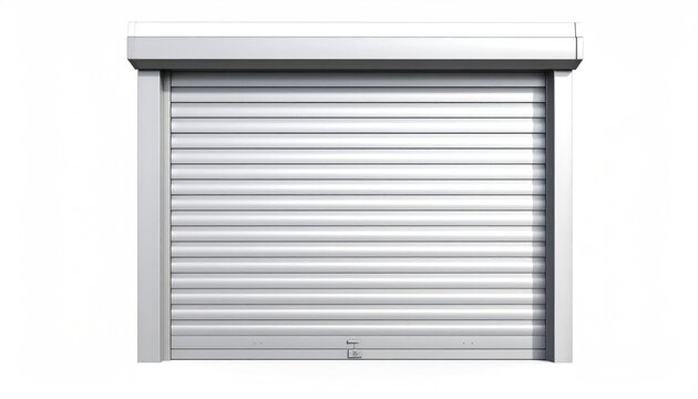 White metal roll-up door with horizontal slats and a prominent header