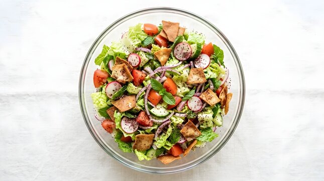 Overhead shot of a delicious homemade Fattoush salad with crispy pita bread and sumac in a transparent bowl on a white surface