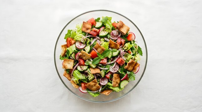 Fresh healthy traditional Middle Eastern Fattoush salad in a glass bowl viewed from above on a white background