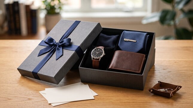 A sophisticated gift box elegantly presents a collection of men's accessories, including a wristwatch, tie, wallet, and a small trinket dish, hinting at a thoughtful gesture or special occasion.