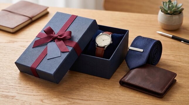 A thoughtful gift set for a gentleman, featuring a classic wristwatch in an open gift box, accompanied by a smart tie, tie clip, and leather wallet, neatly arranged on a wooden desk.
