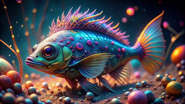 A closeup of a vibrant iridescent sea creature sprawls across the ocean floor its intricate textures glowing