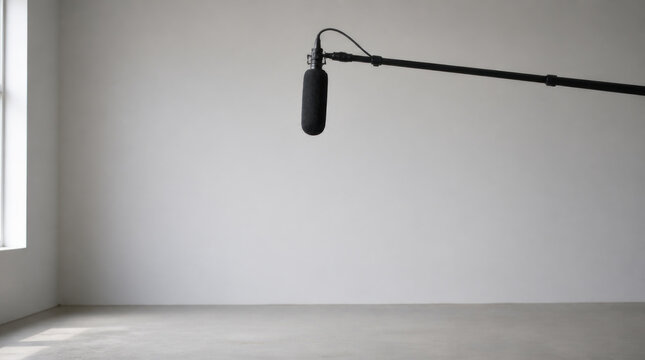 Minimalist filming environment featuring boom microphone suspended above clean, empty space, evoking sense of simplicity and focus