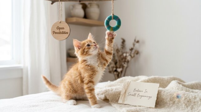 Adorable ginger kitten reaches for a colorful toy on a soft bed. Decorative signs with inspirational quotes create a cozy and motivational atmosphere