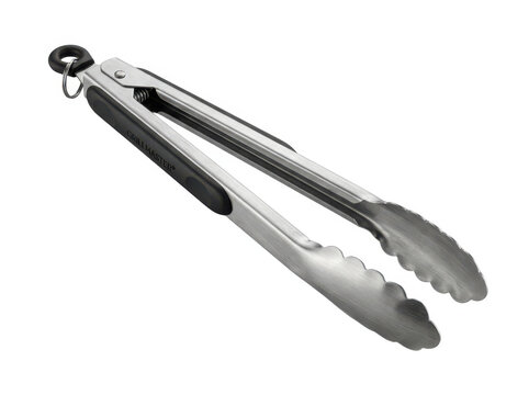 A shiny silver metal kitchen tong with black grip for cooking and serving food
