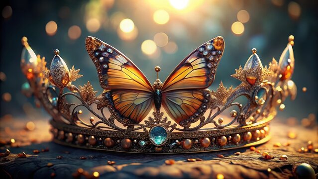 A delicate bejeweled diadem rests upon the monarchs head its ethereal beauty radiating imperial splendor forever