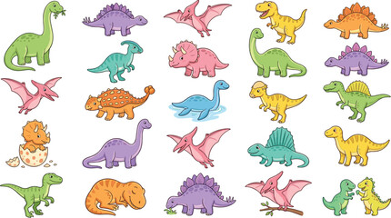 Cute Cartoon Baby Dinosaurs and Prehistoric Creatures Vector Illustration Set © Kuddus