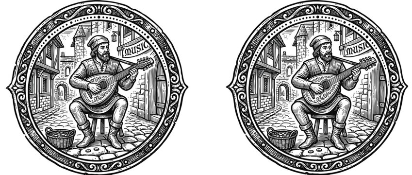 Medieval Musician Playing Lute in Cobblestone Street Scene