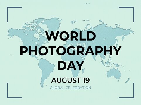 World Photography Day Poster with World Map Background and Camera Viewfinder Frame for August 19 Global Celebration