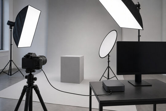 Professional Studio Flash Lighting Equipment with Softbox and Tripod for Photography and Video Production in Modern Photo Studio Interior
