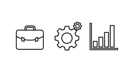 Fototapeta premium Briefcase Gear And Bar Graph Icons Black Line Art On White Background