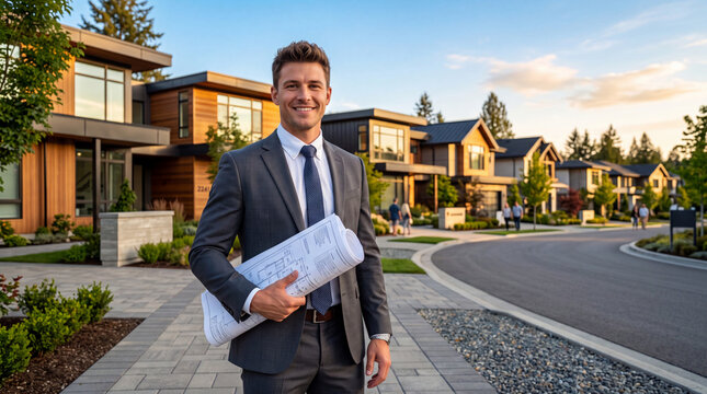 Young Real Estate Entrepreneur Holding Architectural Blueprints in Front of Luxury Residential Development