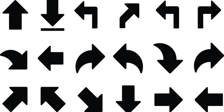 A collection of various black arrow icons representing different directions and navigation movements isolated on a plain white background