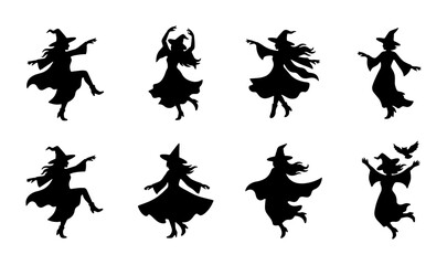 Fototapeta premium Dancing Witch Silhouettes, Halloween Vector Icons, Spooky Celebration Graphics, Magical Character Set