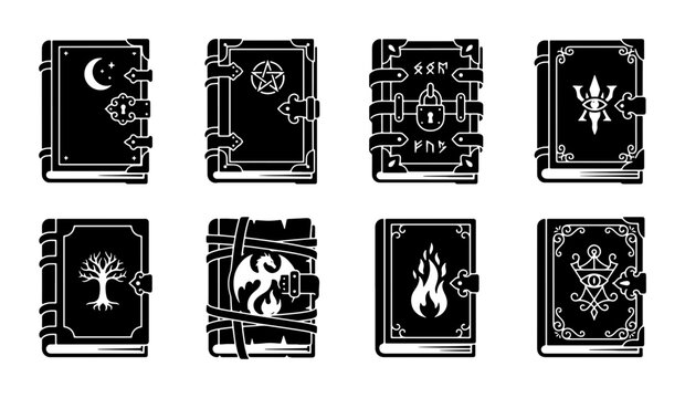 Mystical Grimoire Icons, Ancient Spellbook Vector Set, Fantasy Magic Tome Graphics