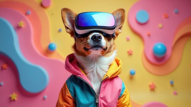 A canine wearing a vibrant multicolored jacket experiences virtual reality in a playful, colorful setting.
