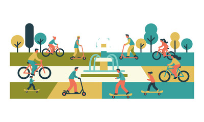 Fototapeta premium Diverse people riding bicycles and scooters in a minimalist park with geometric landscaping and a small central fountain, recreational and healthy lifestyle concept