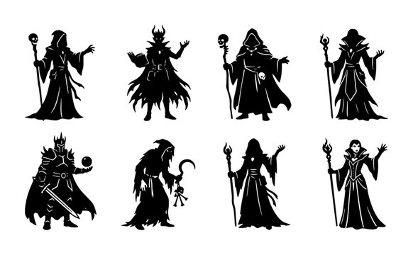 Fantasy Sorcerers and Witches Silhouettes, Dark Magic Figures Set, Mystical Characters Vector Icons