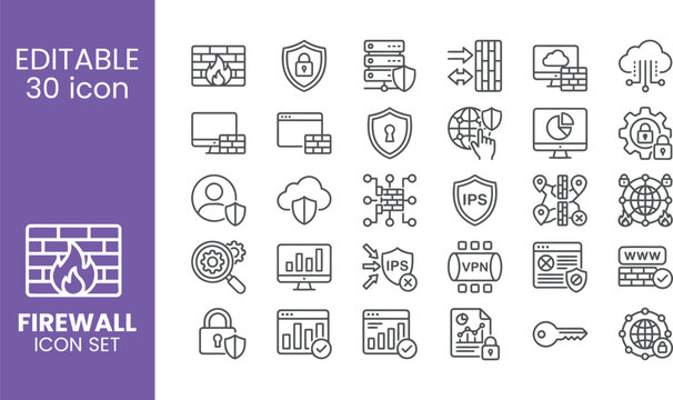 Firewall and Network Security Line Icon Set - Editable Vector Icons for Cybersecurity, Data Protection, and Web Safety