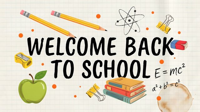 Welcome back to school message with pencils books and science icons on a grid background