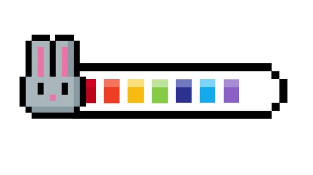 Charming pixel art progress bar featuring an adorable bunny head and vibrant rainbow segments, illustrating loading status or achievement in a playful retro gaming style