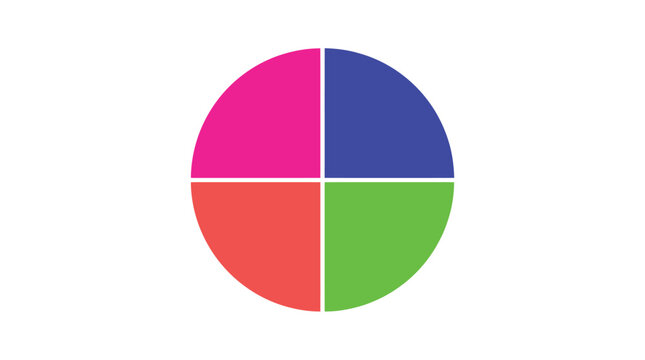 A vibrant four quadrant circular pie chart featuring bright pink blue red and green colors