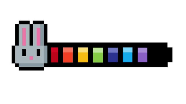 Charming pixel art rabbit icon with a vibrant rainbow progression bar, evoking a playful and nostalgic retro video game aesthetic, ideal for digital design