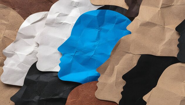 Abstract concept of diversity and inclusion with paper human head silhouettes in various colors.