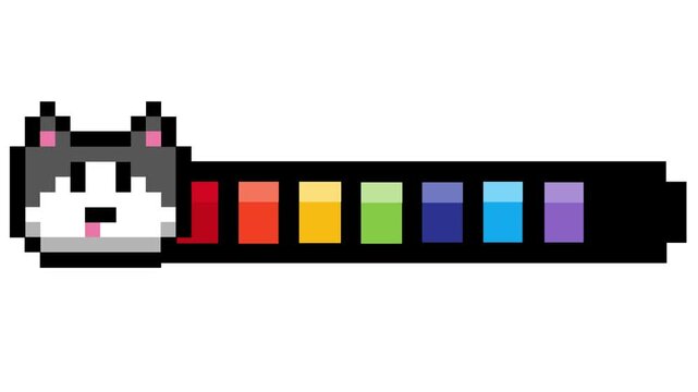 Pixel art progress bar with a cute husky dog head in 8-bit style, showing a vibrant rainbow gradient, great for retro game UI and digital status displays