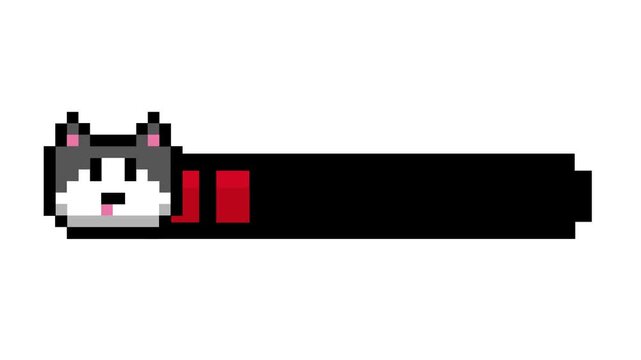 Pixel art dog head with retro game progress bar. Ideal for 8-bit status indicators, health meters, and interactive digital interface elements in gaming designs