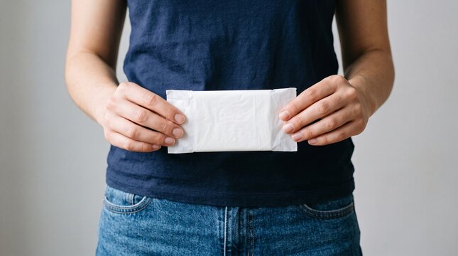 A woman holding a white sanitary pad for personal female hygiene care