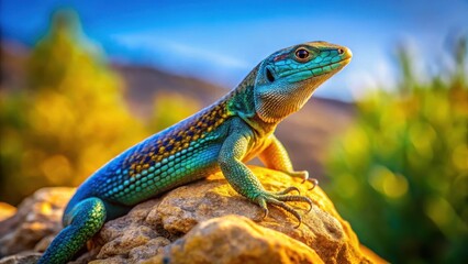 Fototapeta premium A vibrant bluetailed lizard basks majestically atop a warm sunlit rock amidst a lush mediterranean landscapes turquoise and golden hues