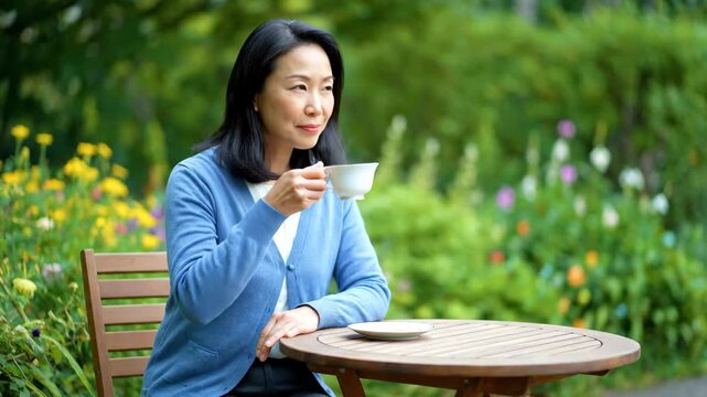 Women's outdoor tableside leisurely tea tasting, middle aged women garden tea tasting