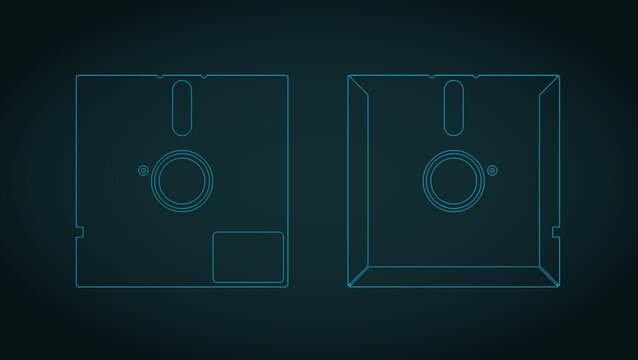 Retro 5.25-inch floppy disk front and back view blueprints